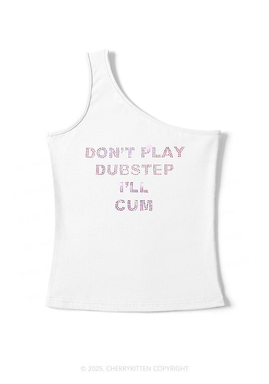 Rhinestone Dont Play Dubstep Y2K One Shoulder Tank Top Cherrykitten
