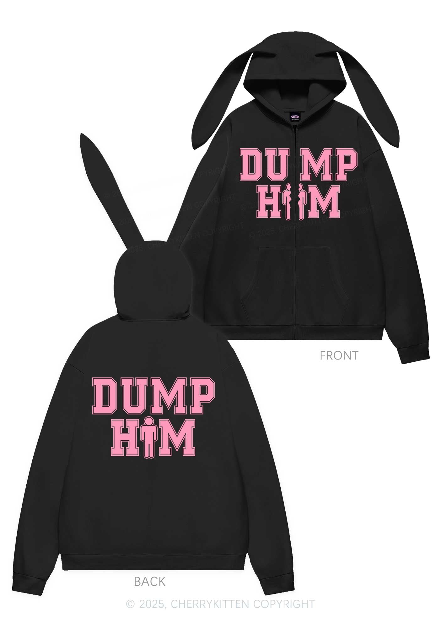 Dump Him Y2K Bunny Ear Zip Hoodie Cherrykitten
