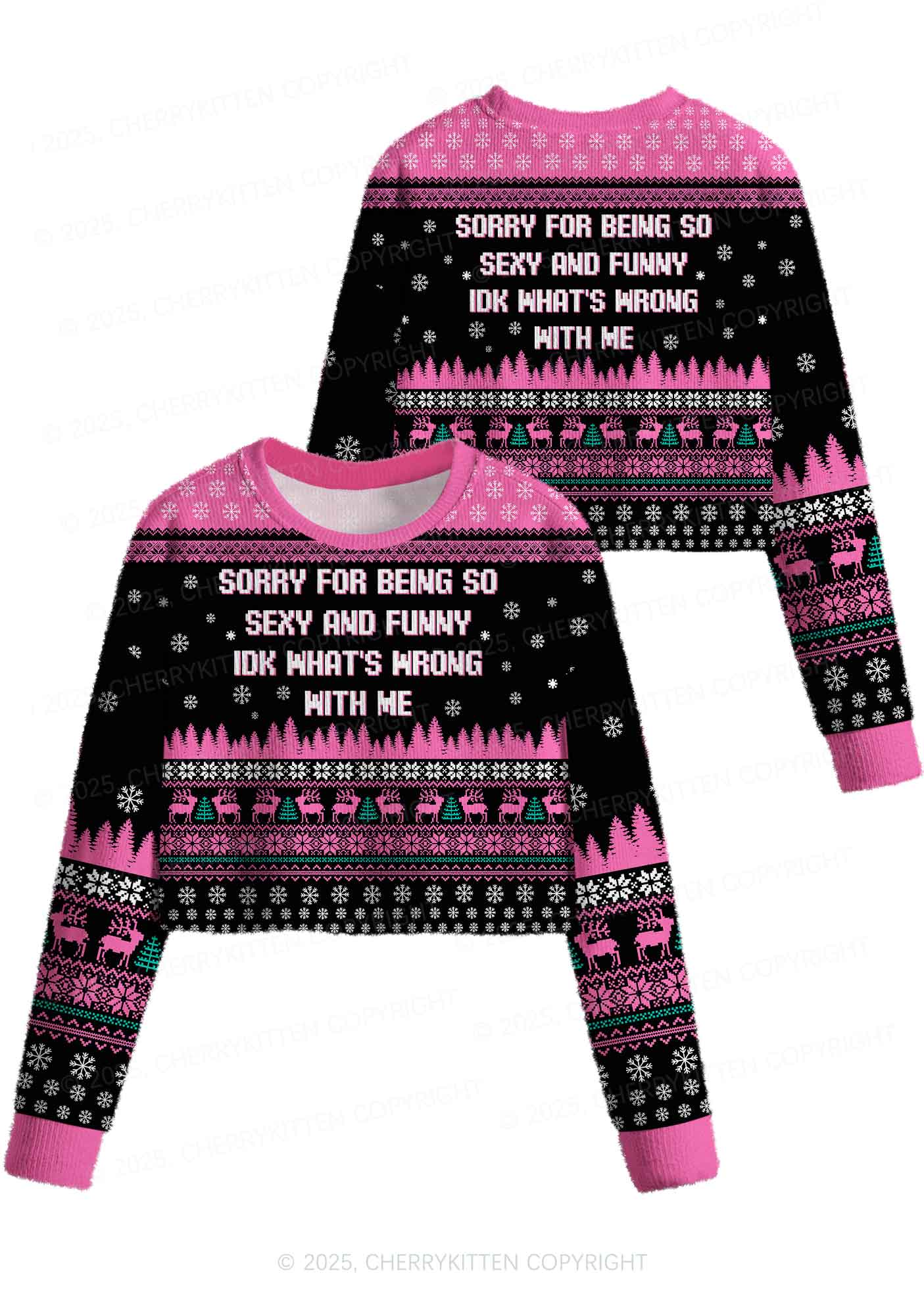 Sorry For Being So Funny Y2K Christmas Crop Knit Sweatshirt Cherrykitten