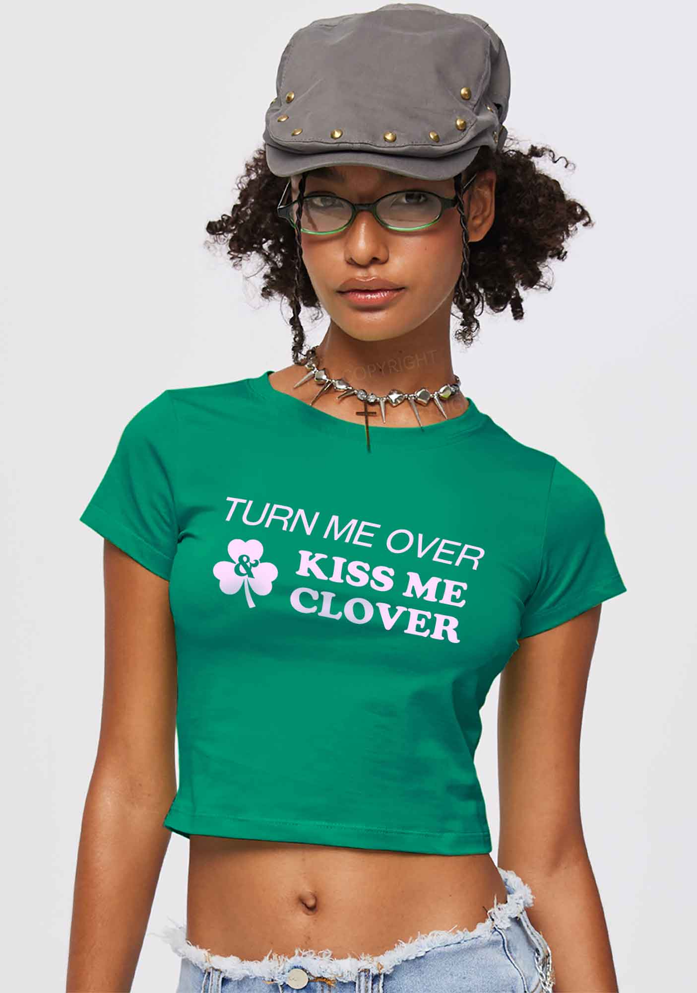 Turn Me Over Kiss Me Clover St Patricks Y2K Baby Tee Cherrykitten