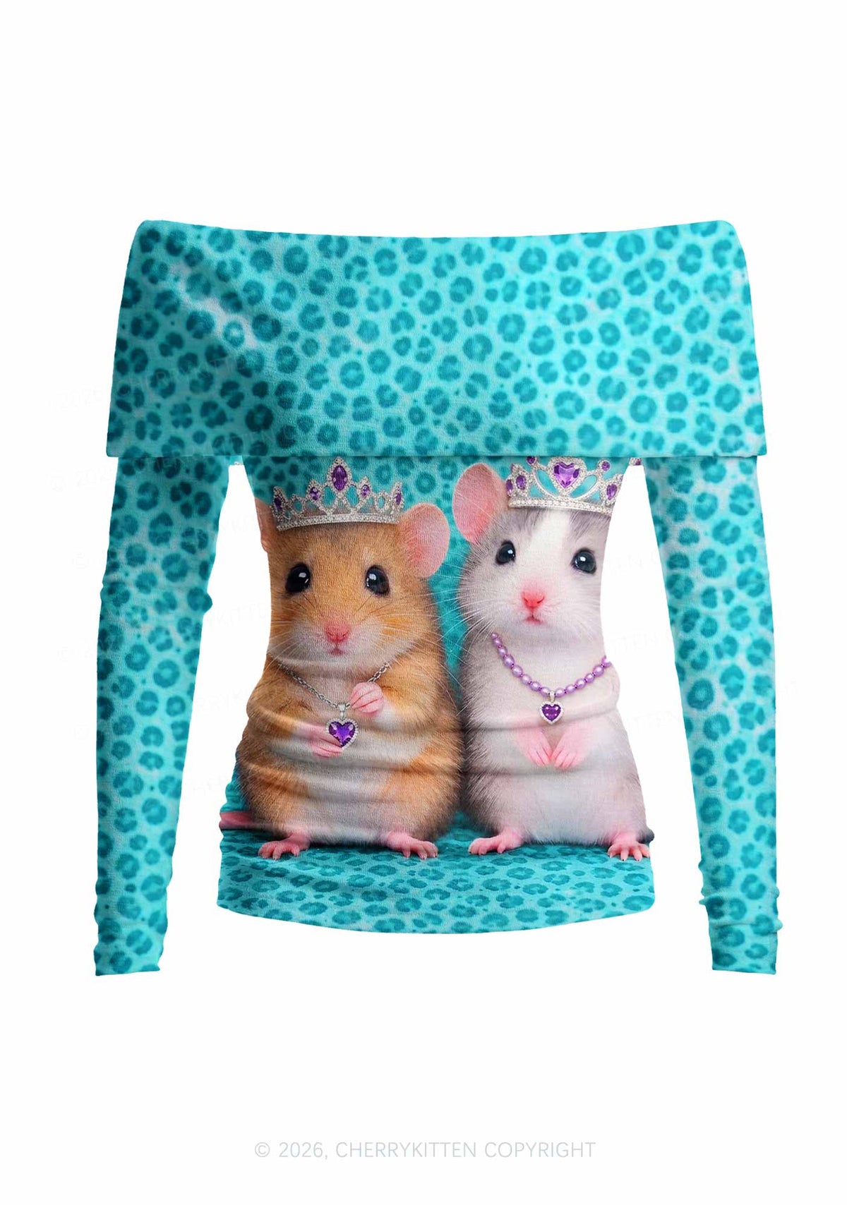 Mint Leopard Hamster Y2K Off Shoulder Fold Over Knit Top Cherrykitten