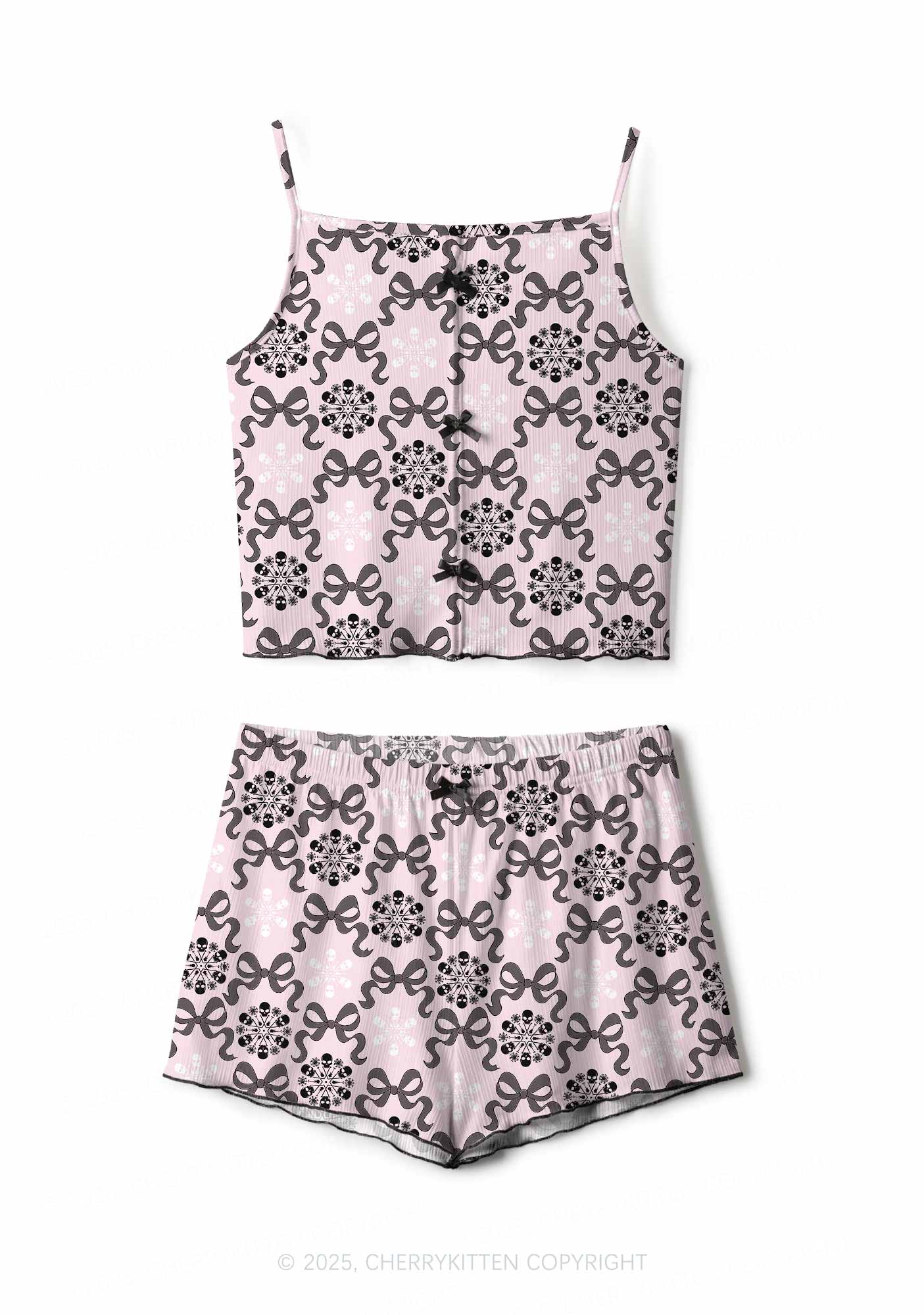 Christmas Bow Skull Snowflakes Y2K Print Cami Shorts Pajama Set Cherrykitten
