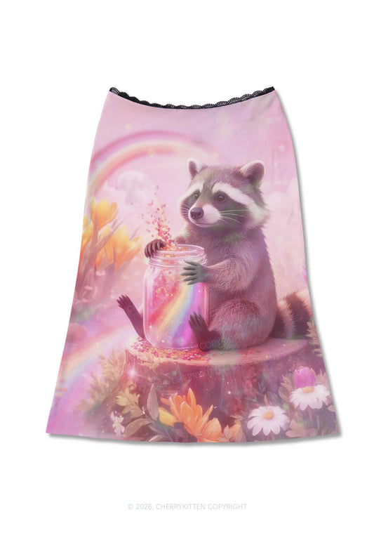 Rainbow Raccoon Pride Y2K Print Midi Skirt Cherrykitten