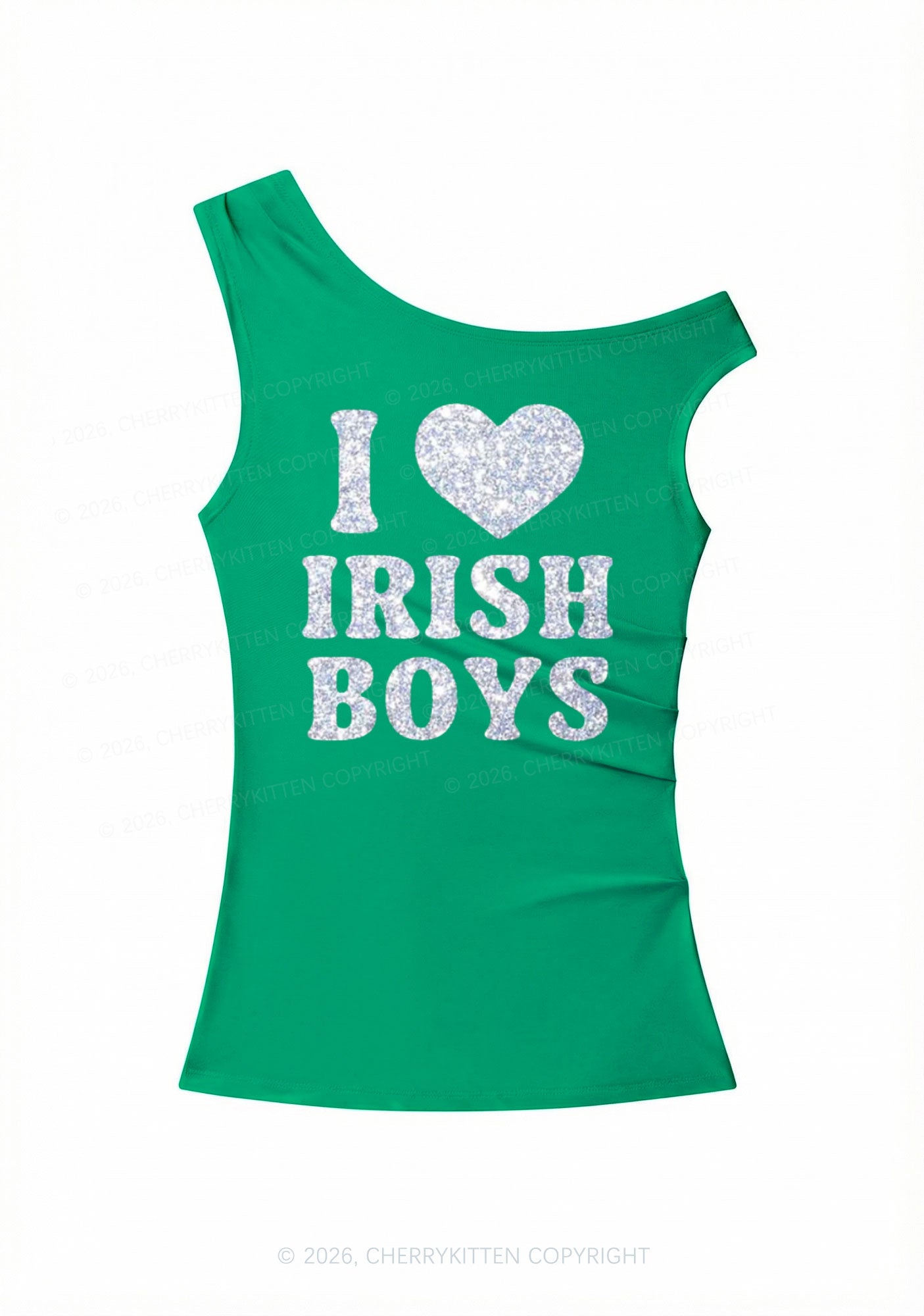Glitter I Love Irish Boys St Patricks Y2K Off Shoulder Tank Top Cherrykitten