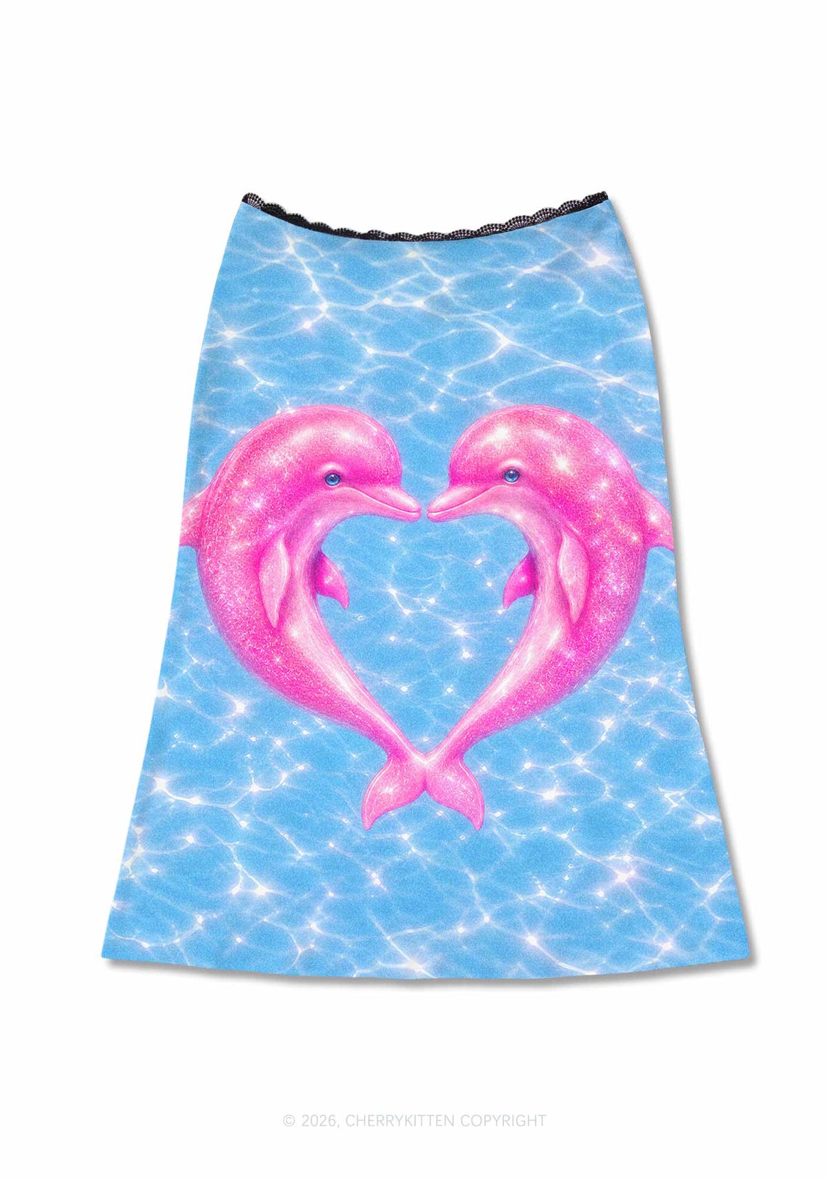 Pink Dolphin Couple Heart Y2K Print Midi Skirt Cherrykitten