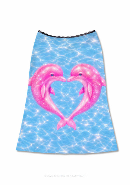 Pink Dolphin Couple Heart Y2K Print Midi Skirt Cherrykitten