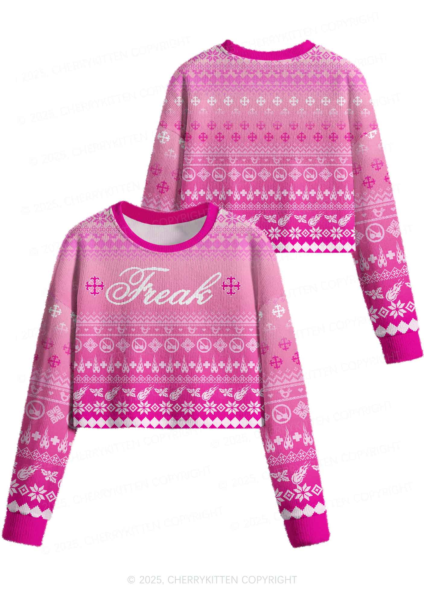 Pink Freak Y2K Christmas Crop Knit Sweatshirt Cherrykitten