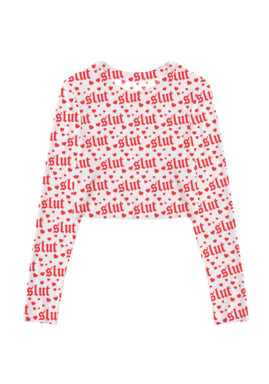 Slxt Red Heart Y2K Mesh Long Sleeve Crop Top Cherrykitten