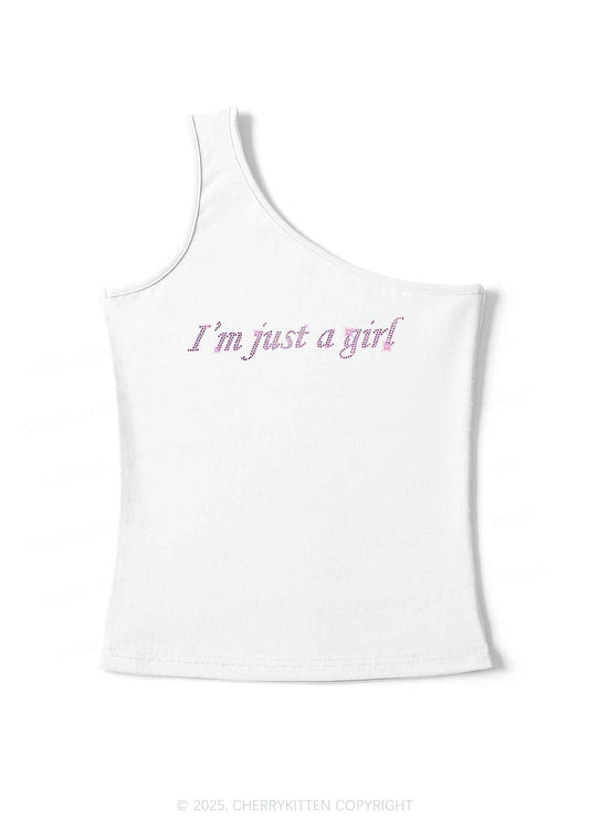 Rhinestone Just A Girl Y2K One Shoulder Tank Top Cherrykitten