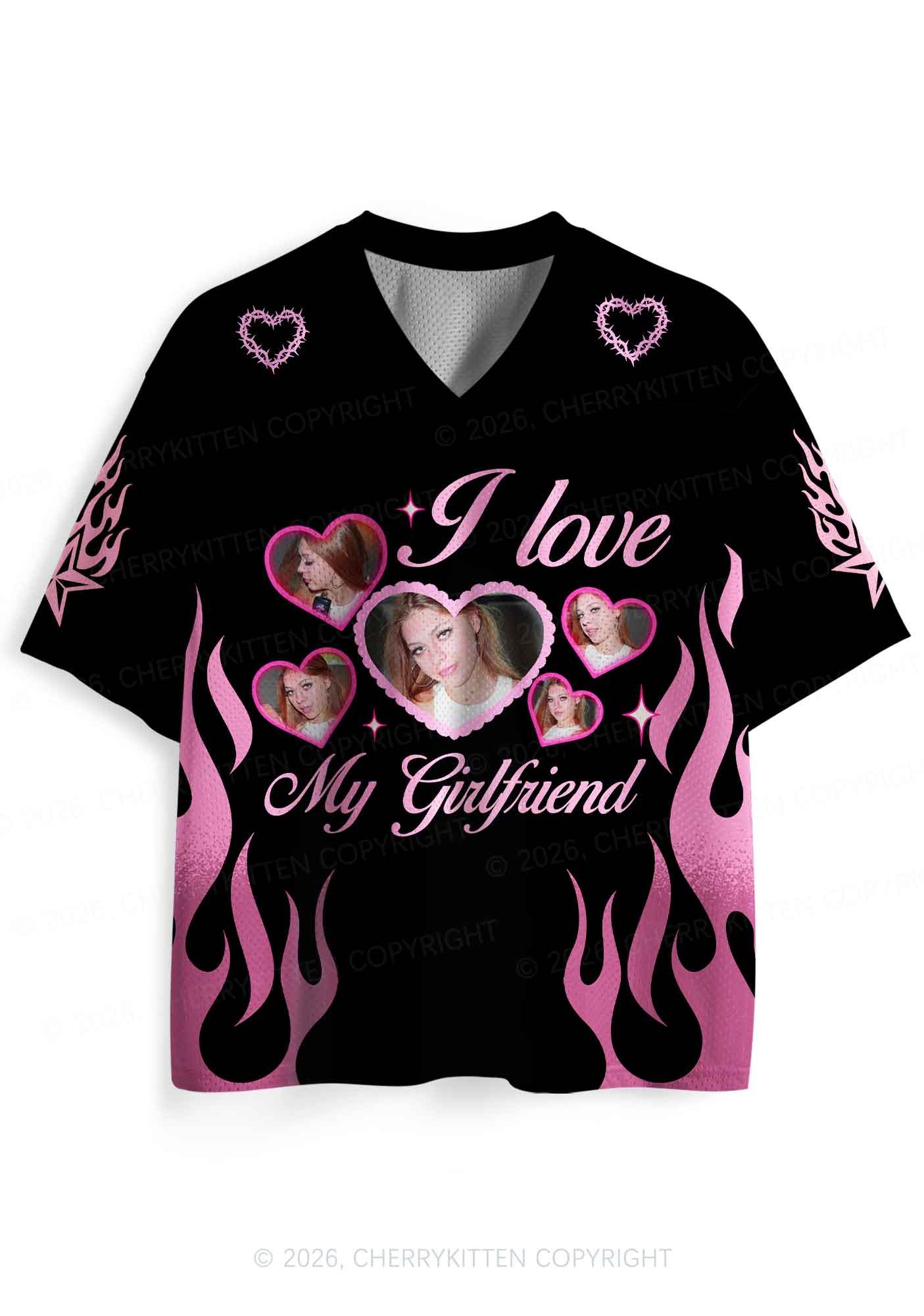 Custom Photos Pink Flame I Love My GF BF Y2K Sport Jersey Shirts Cherrykitten