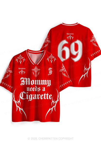 Red Gothic Mommy Needs A Cigarette Y2K Sport Jersey Shirts Cherrykitten