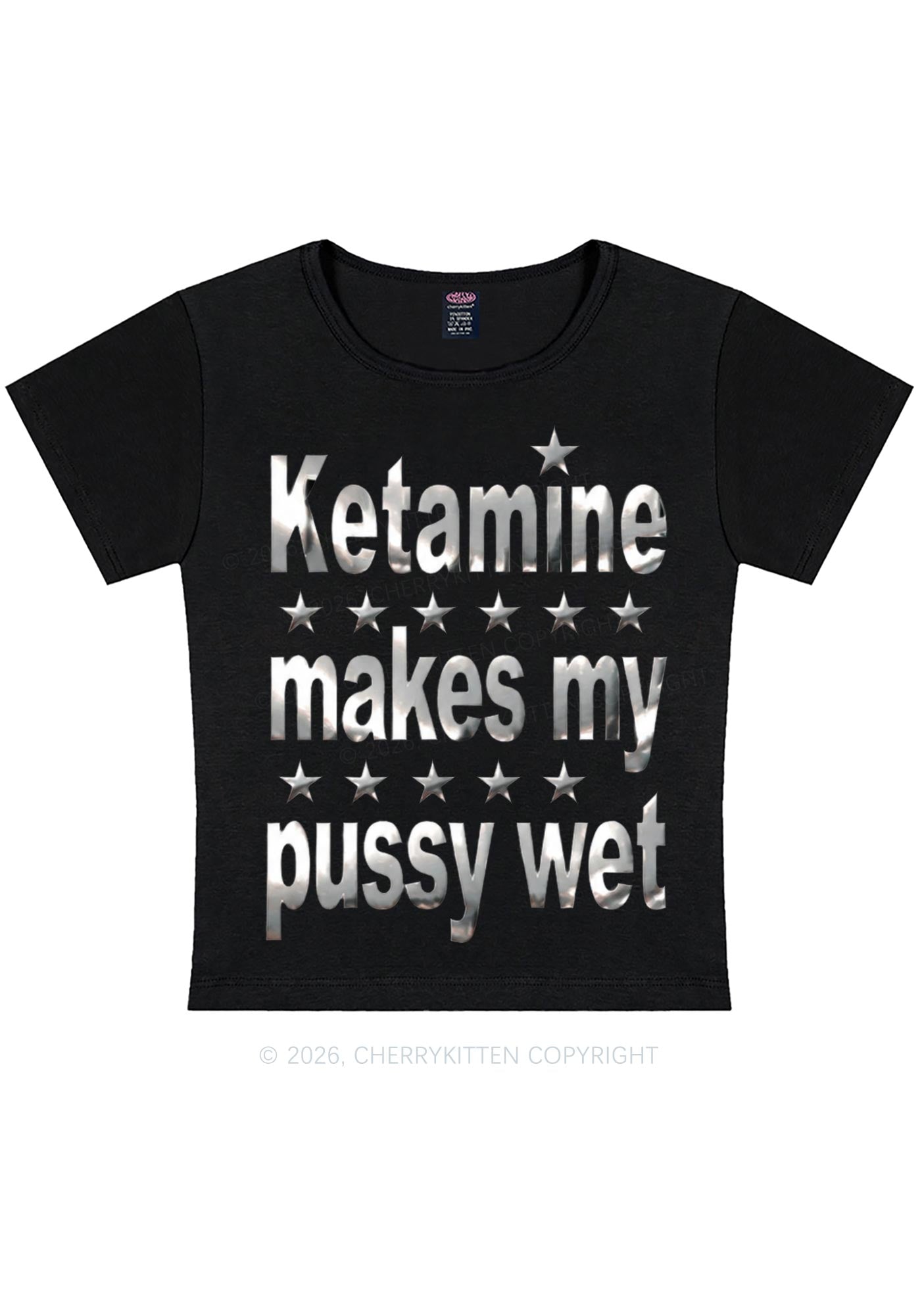 K Makes My Puxxy Wet Silver Foil Printed Y2K Baby Tee Cherrykitten