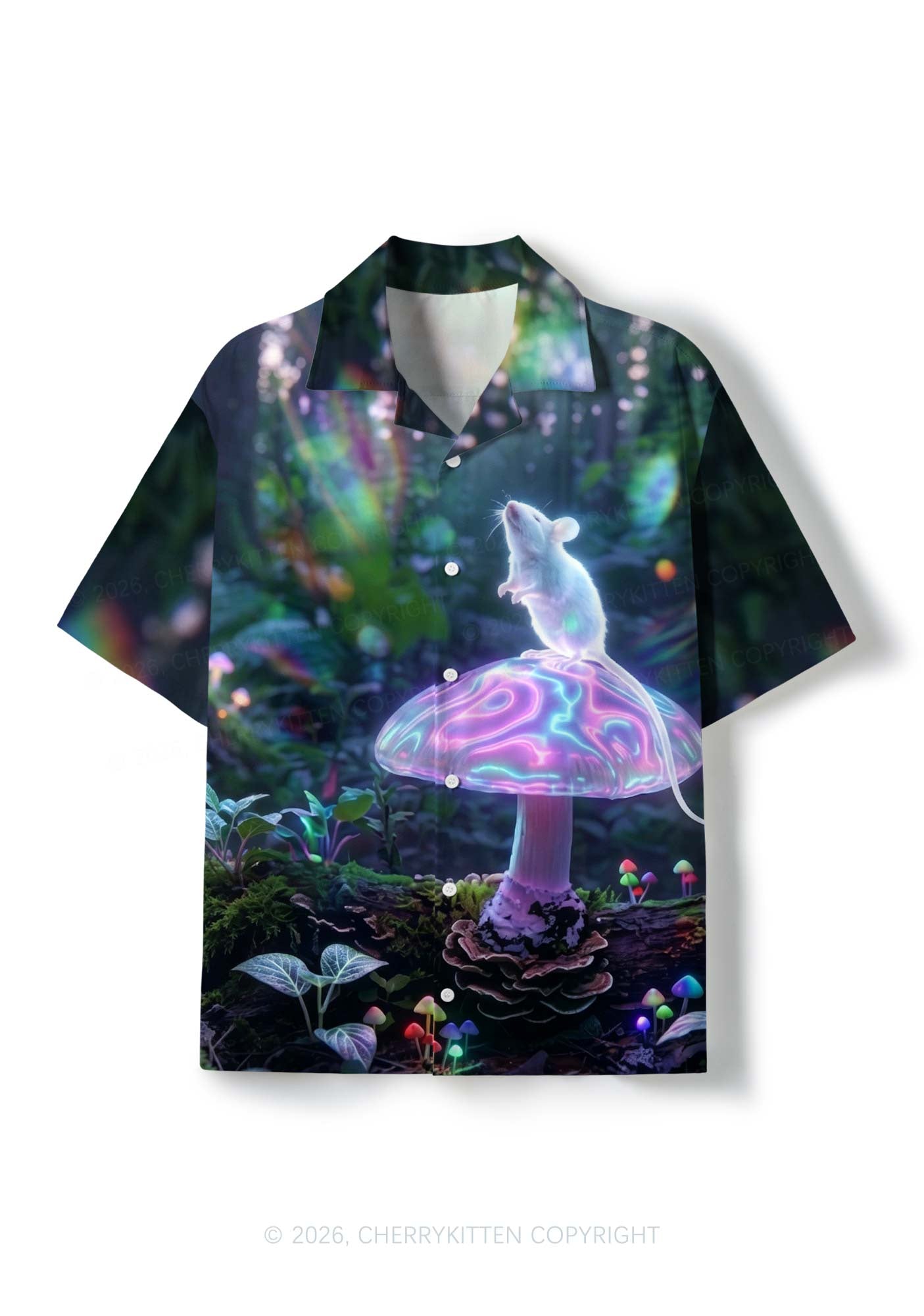 Glowing Rat On Mushroom Y2K Print Hawaiian Shirt Cherrykitten