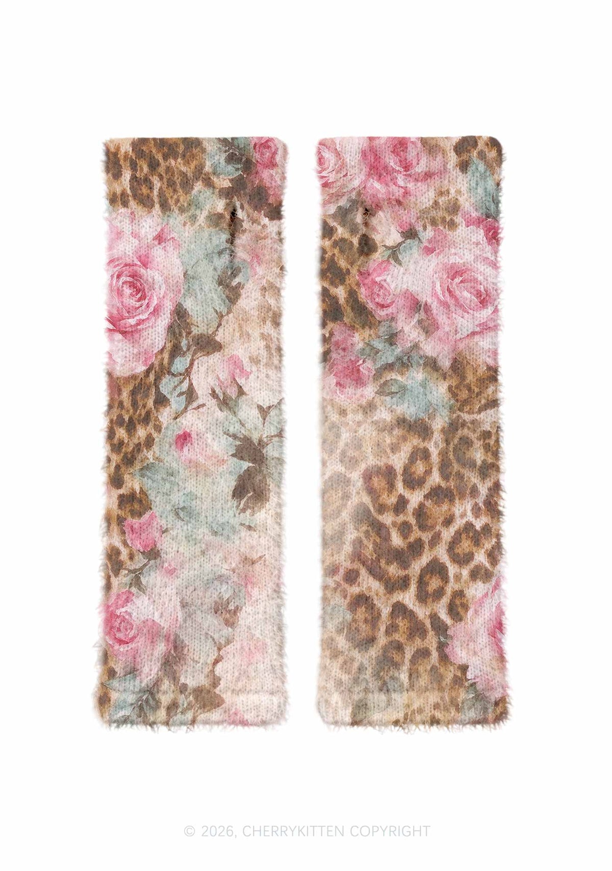 Pink Rose Leopard Y2K Print Fuzzy Arm Warmers Cherrykitten