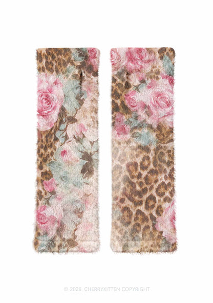 Pink Rose Leopard Y2K Print Fuzzy Arm Warmers Cherrykitten