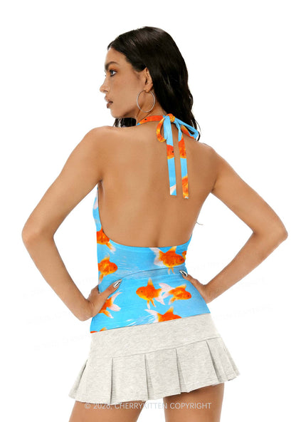 Goldfish Y2K Print Halter Deep V Neck Cami Cherrykitten