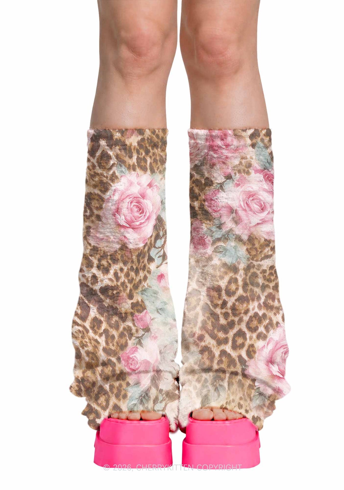 Pink Rose Leopard Y2K Print Fuzzy Flared Leg Warmers Cherrykitten