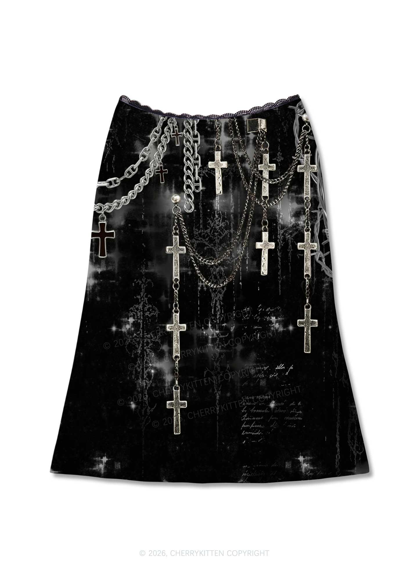 Halloween Gothic Chain Cross Y2K Print Midi Skirt Cherrykitten