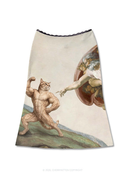 Gym Cat God Touch Y2K Print Midi Skirt Cherrykitten