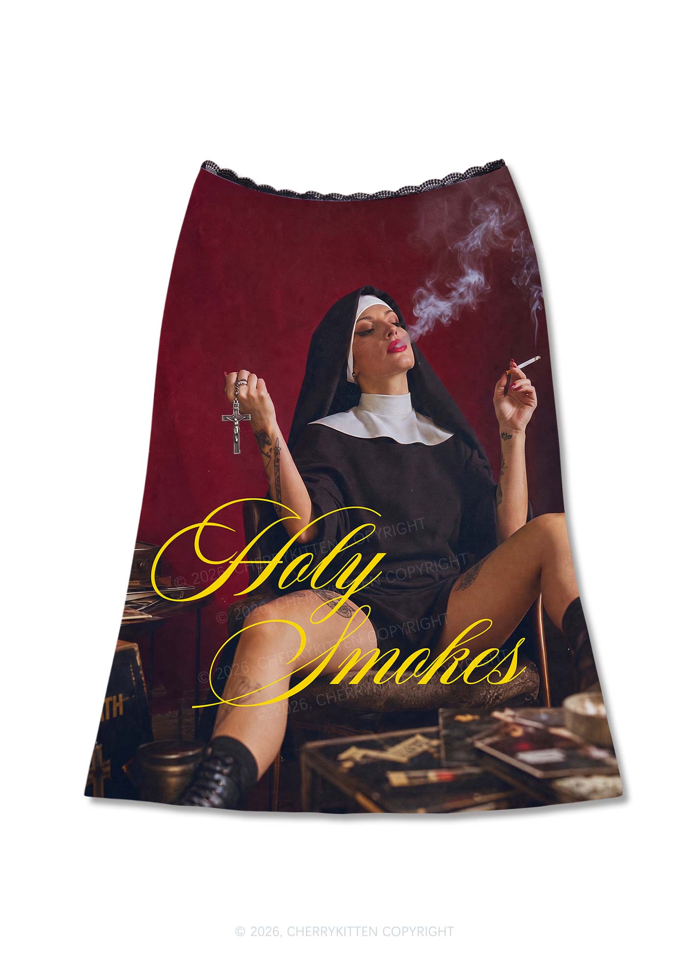 Holy Smokes Nun Y2K Print Midi Skirt Cherrykitten