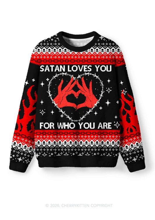 Halloween Satan Loves You Heart Y2K Christmas Knit Sweatshirt Cherrykitten