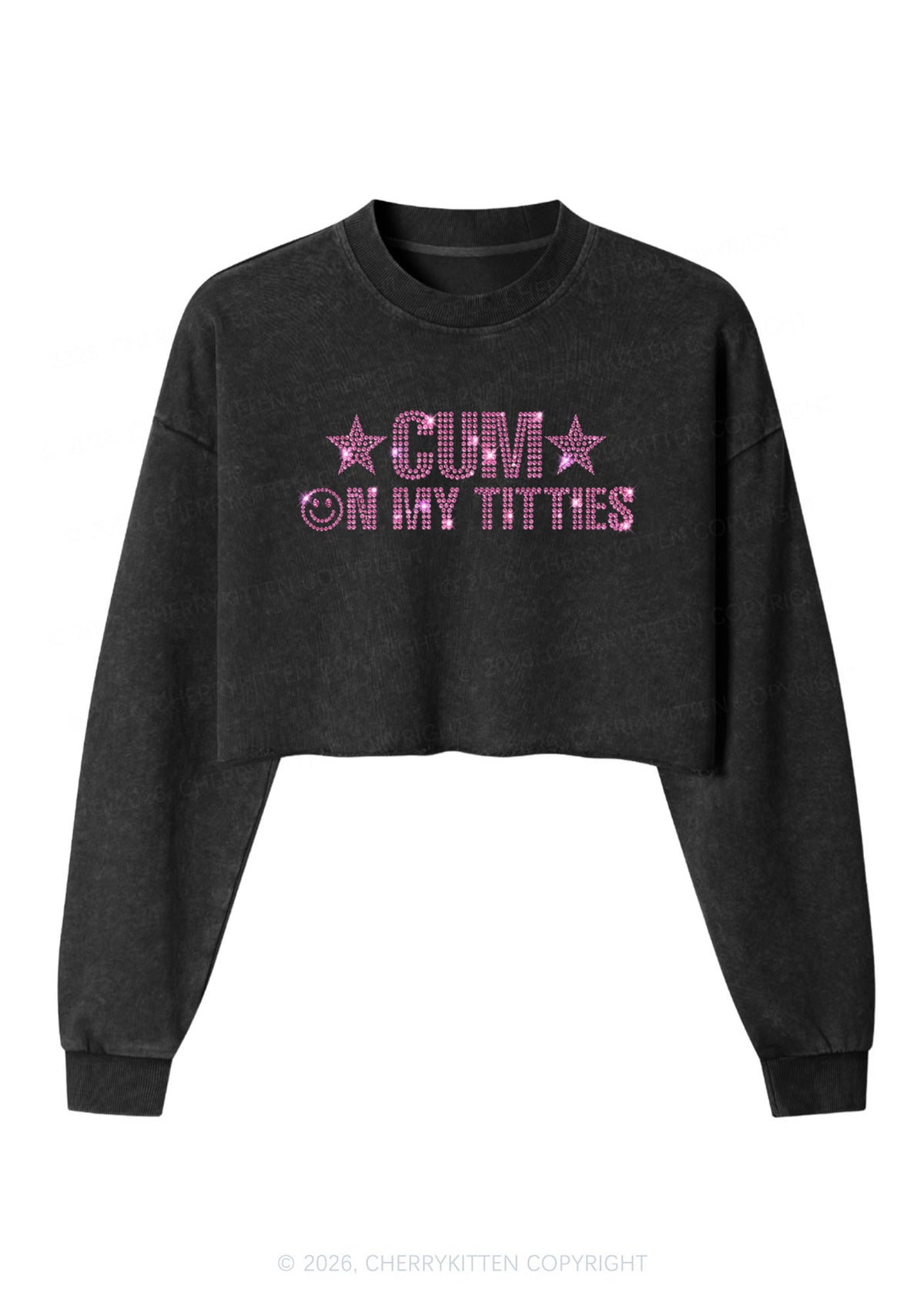 Rhinestone Cxm On My Txtties Y2K Crop Washed Sweatshirts Cherrykitten