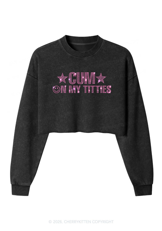 Rhinestone Cxm On My Txtties Y2K Crop Washed Sweatshirts Cherrykitten