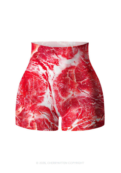 Beef Steak Texture Y2K Print Yoga Shorts Cherrykitten