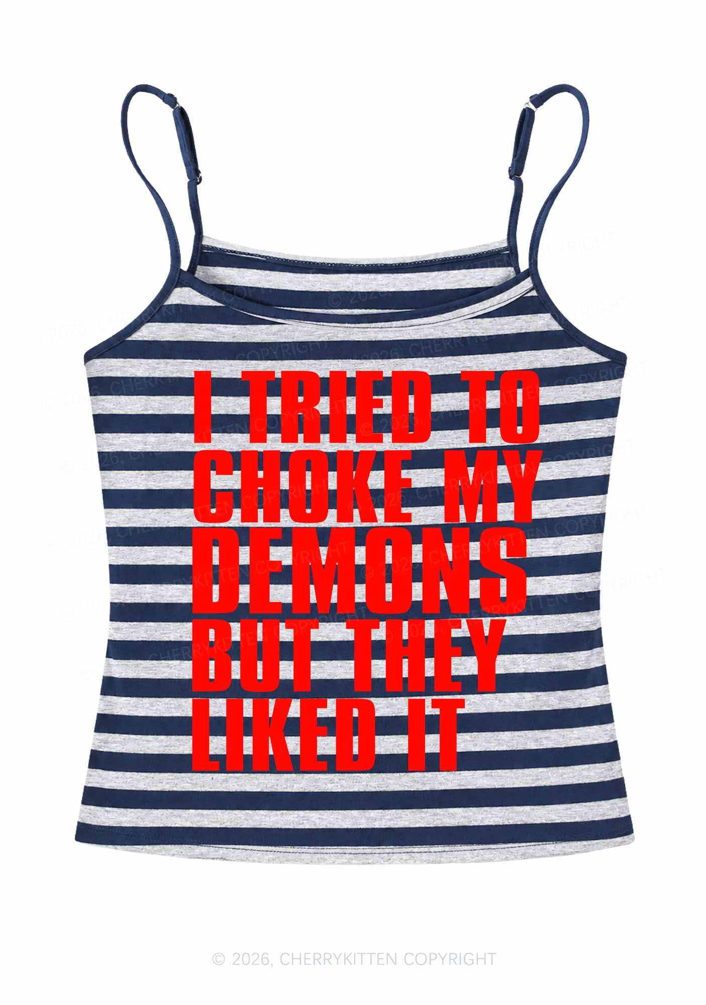 I Tried To Choke My Demons Y2K Navy Grey Striped Spaghetti Strap Cami Cherrykitten