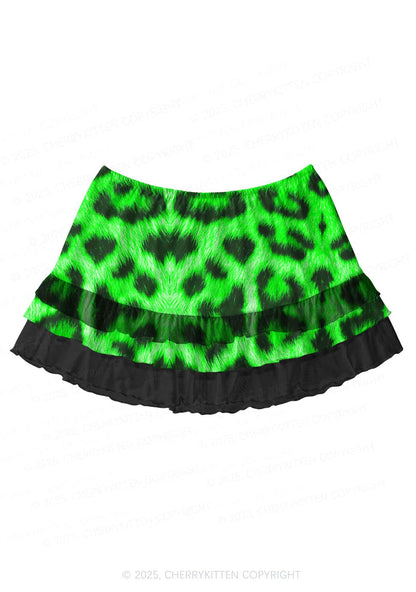 Bright Green Leopard Y2K Print Mini Layered Skirt Cherrykitten