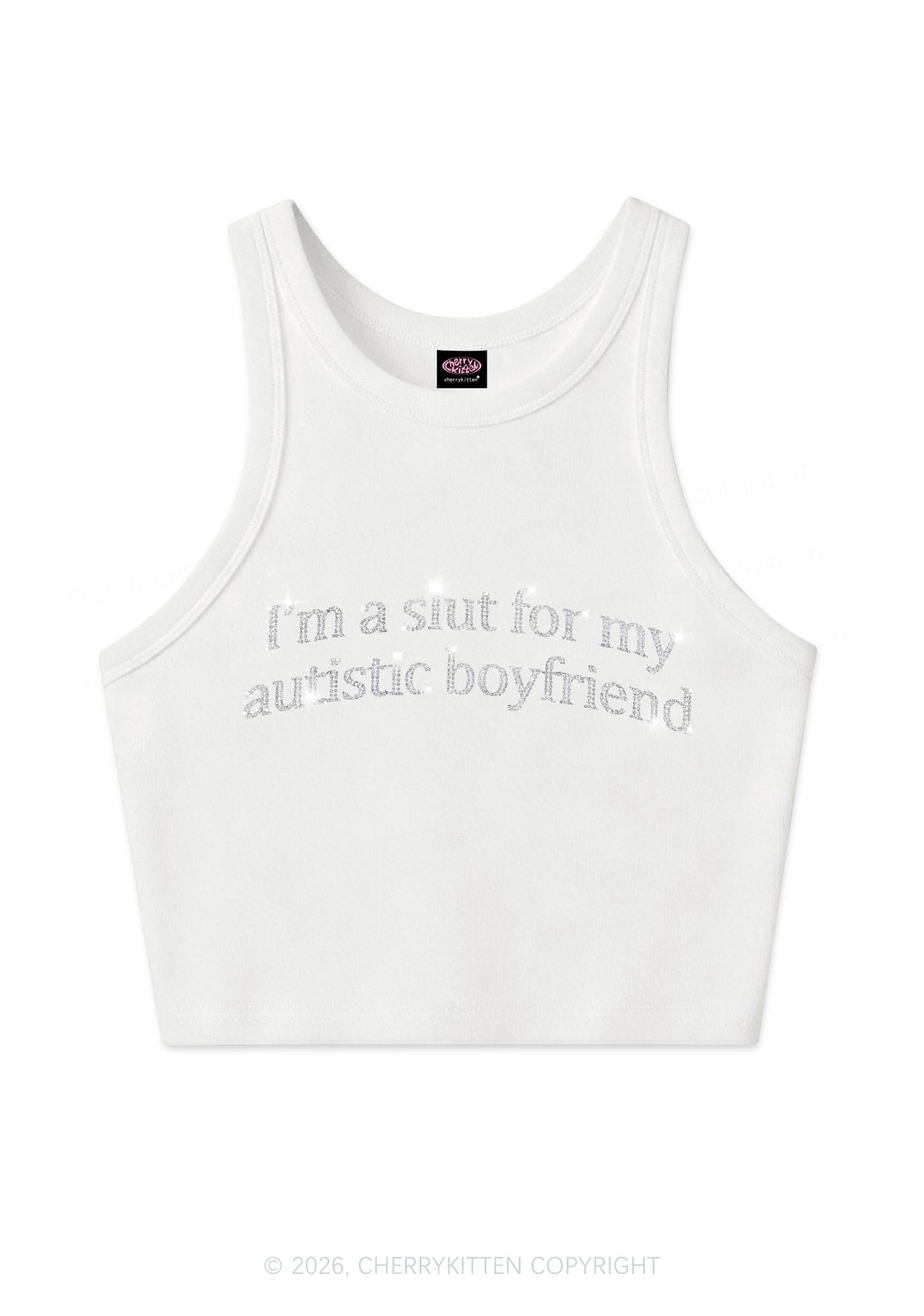 Rhinestone Slxt For My Autistic BF Y2K Crop Tank Top Cherrykitten