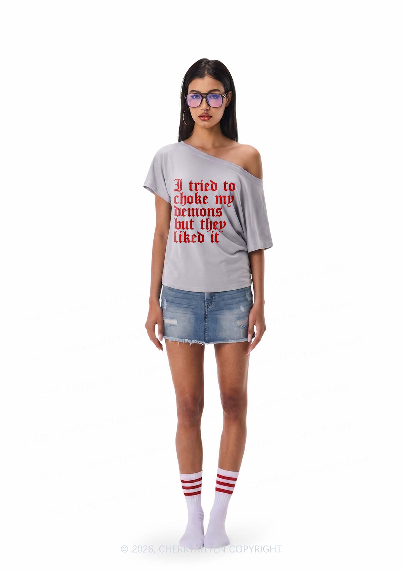 Halloween Choke Demons They Liked Y2K Off Shoulder Tee Cherrykitten