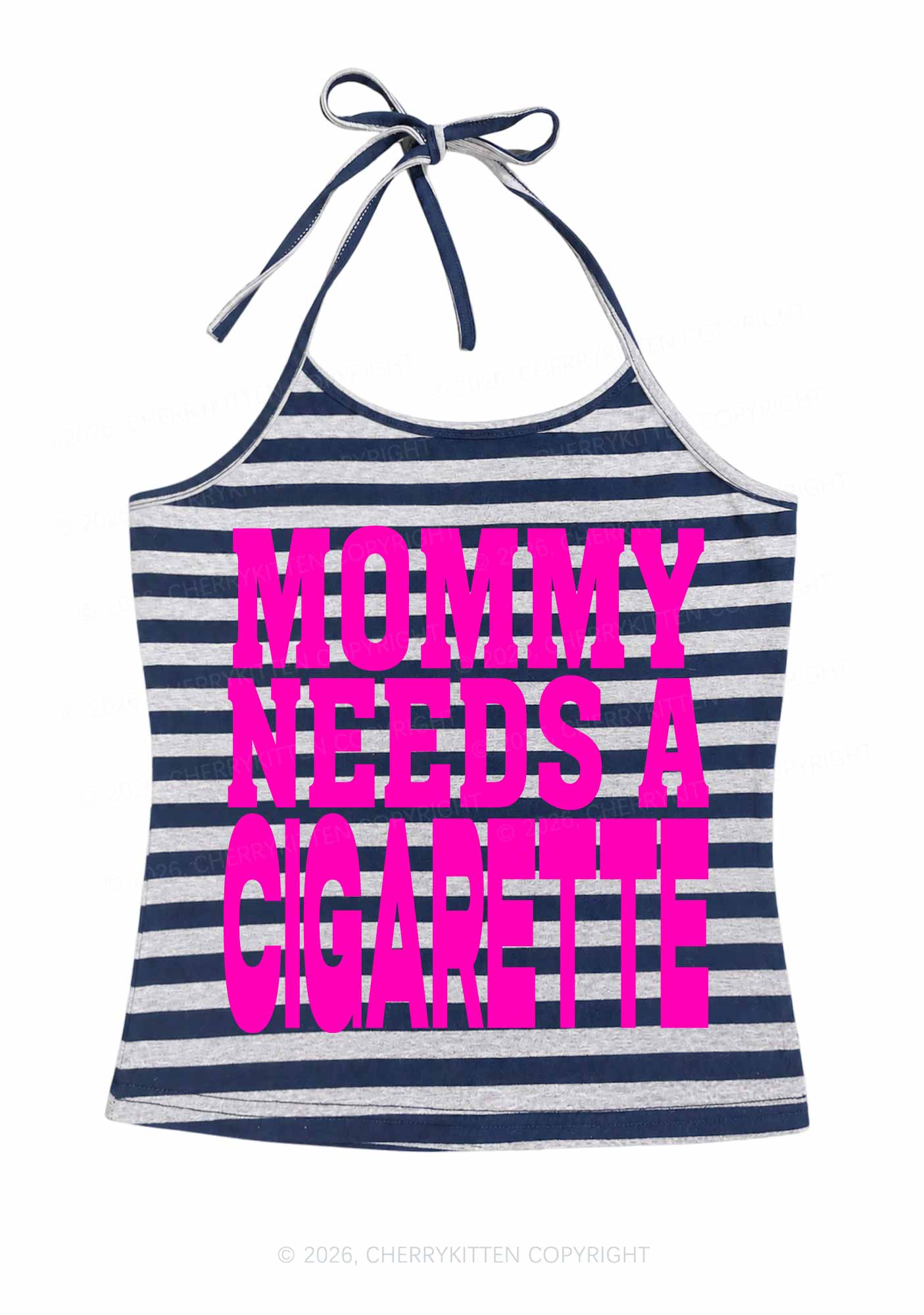 Mommy Needs A Cigarette Y2K Navy Grey Striped Halter Neck Cami Cherrykitten