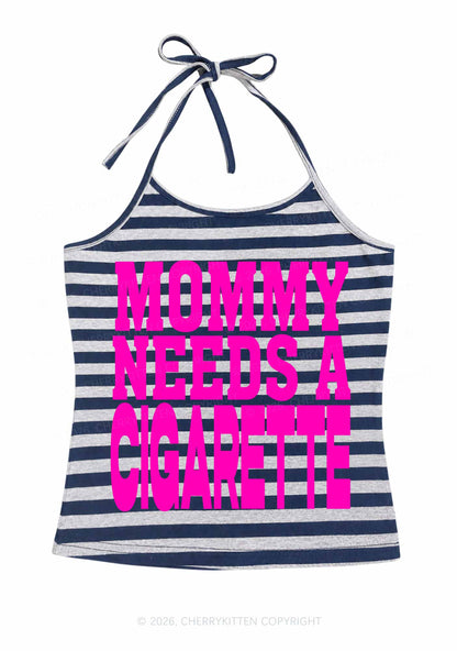 Mommy Needs A Cigarette Y2K Navy Grey Striped Halter Neck Cami Cherrykitten