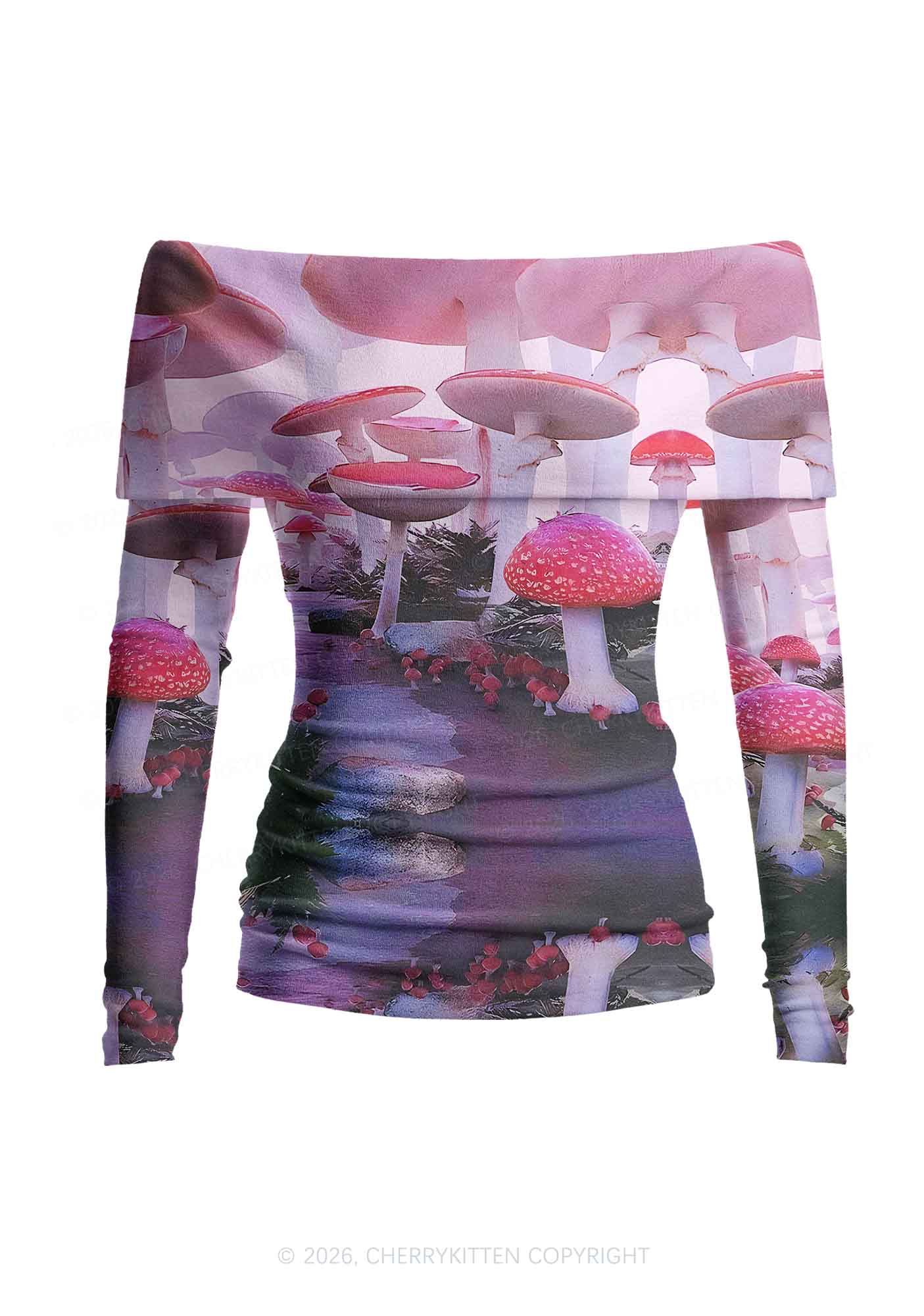 Pink Mushroom Y2K Off Shoulder Fold Over Knit Top Cherrykitten