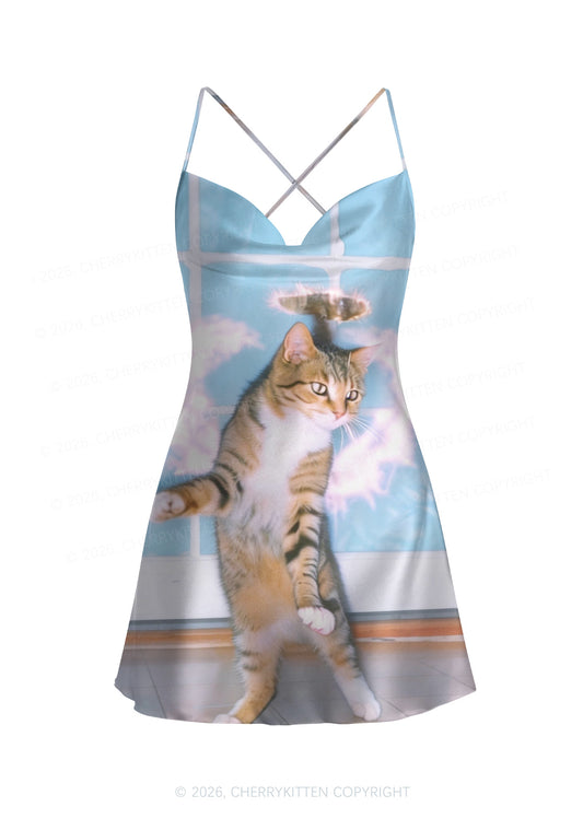 Disco Cat Y2K Print Satin Cowl Neck Slip Dress Cherrykitten