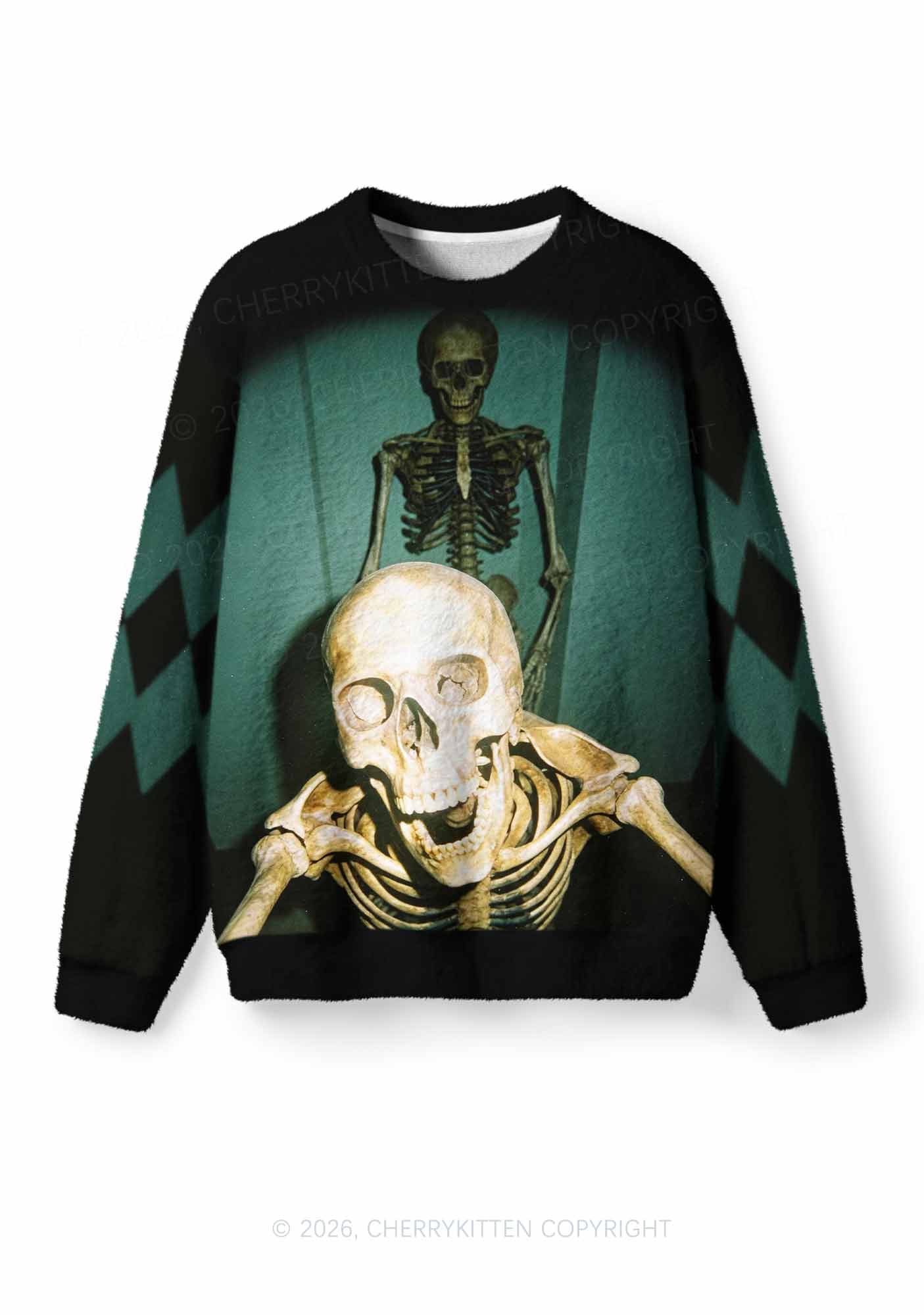 Halloween Double Skeleton Selfie Y2K Knit Sweatshirt Cherrykitten