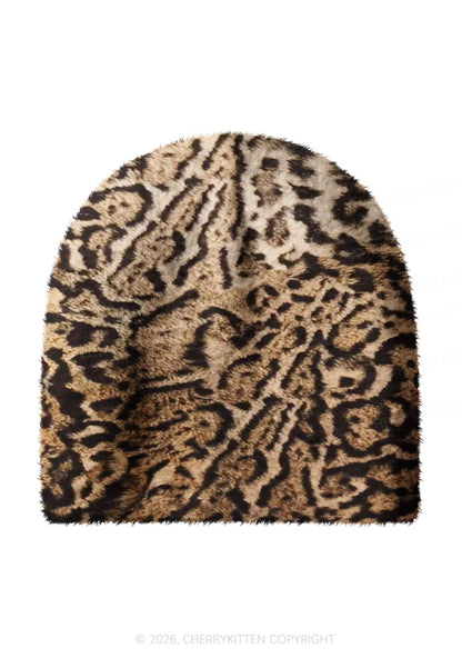Brown Black Leopard Y2K Print Knit Beanie Cherrykitten