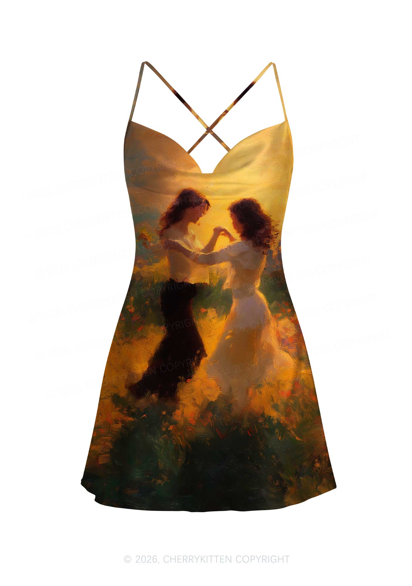 Lesbian Couple Dancing Pride Y2K Print Satin Cowl Neck Slip Dress Cherrykitten