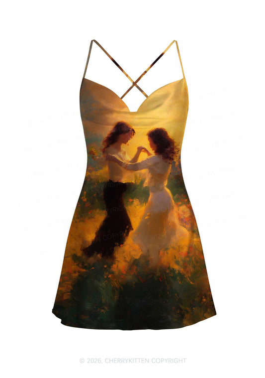 Lesbian Couple Dancing Pride Y2K Print Satin Cowl Neck Slip Dress Cherrykitten