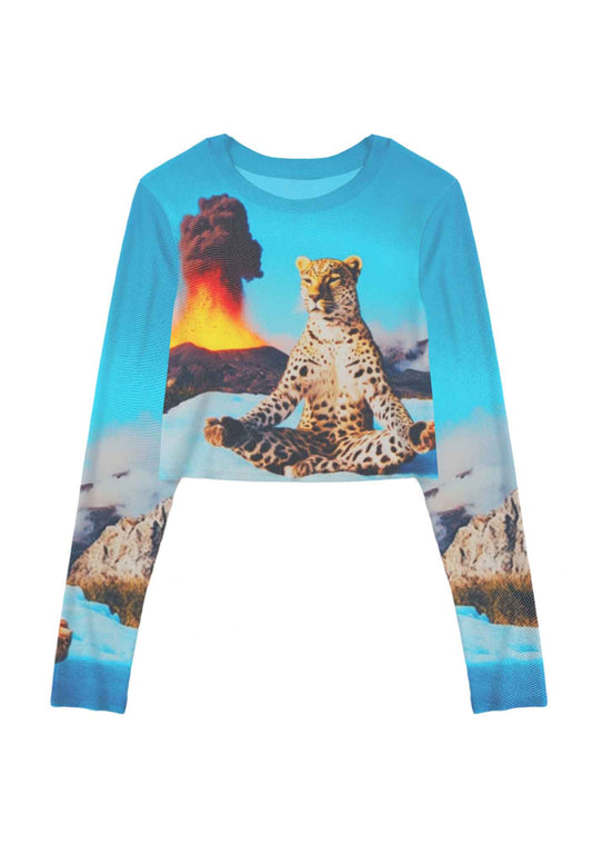 Yoga Leopard And Volcano Y2K Mesh Long Sleeve Crop Top Cherrykitten