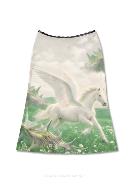 White Winged Horse On Meadow Y2K Print Midi Skirt Cherrykitten