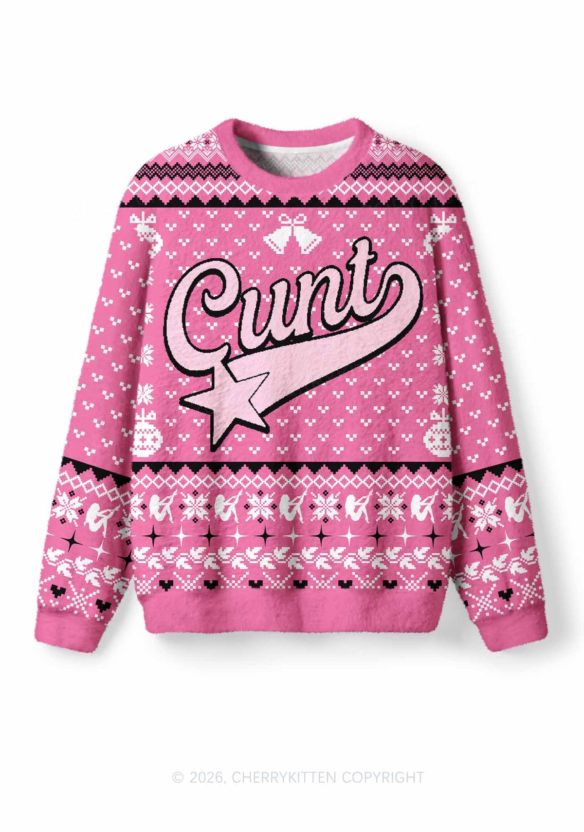 Pink Cxxt Star Y2K Christmas Knit Sweatshirt Cherrykitten