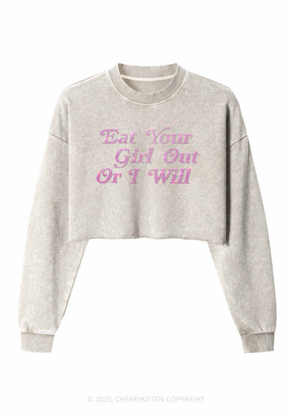 Rhinestone Eat Your Girl Out Y2K Crop Washed Sweatshirts Cherrykitten