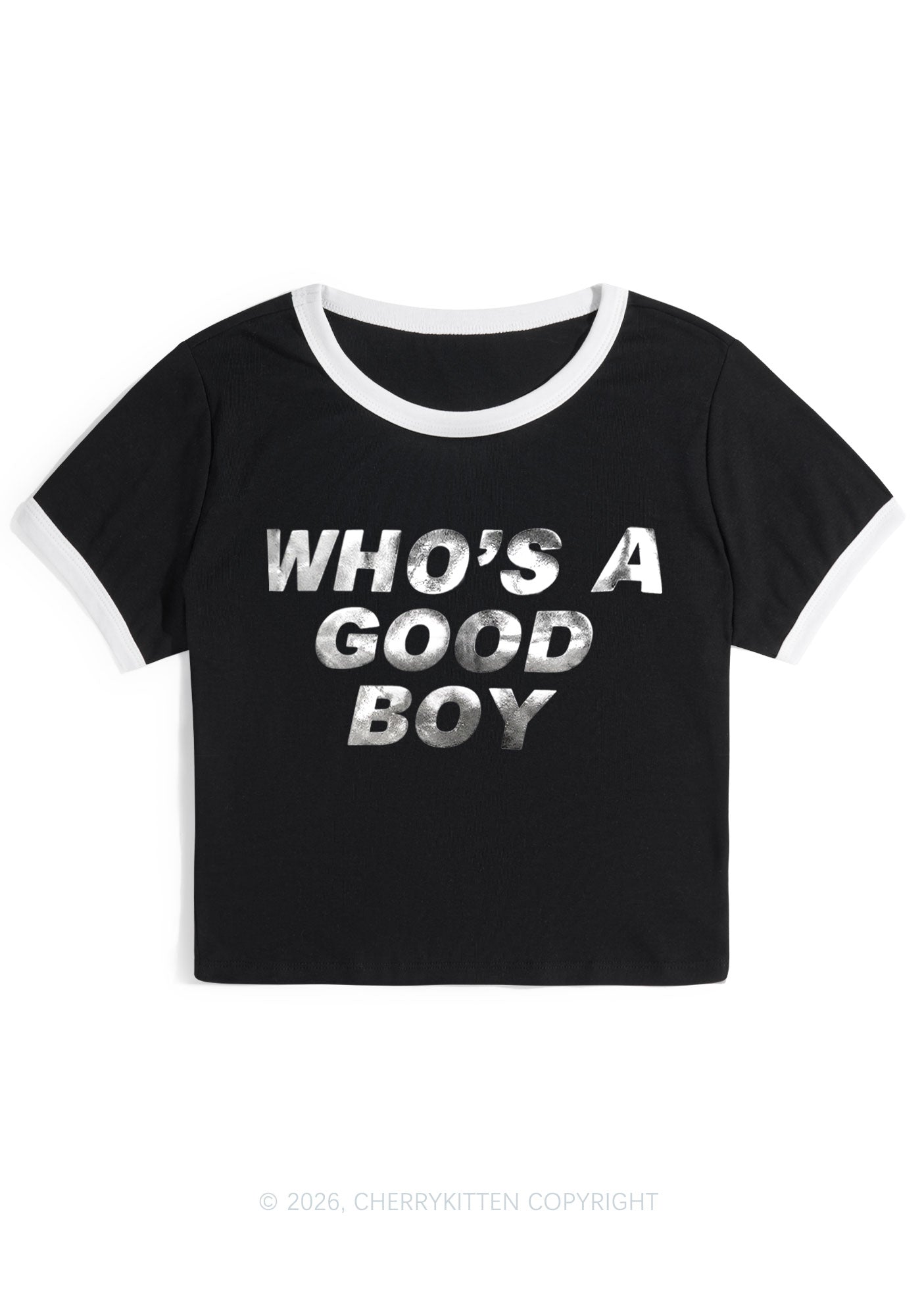 Whos A Good Boy Silver Foil Printed Y2K Ringer Tee Cherrykitten