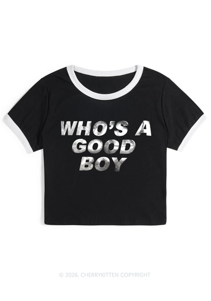 Whos A Good Boy Silver Foil Printed Y2K Ringer Tee Cherrykitten