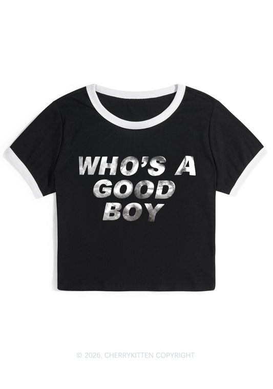Whos A Good Boy Silver Foil Printed Y2K Ringer Tee Cherrykitten