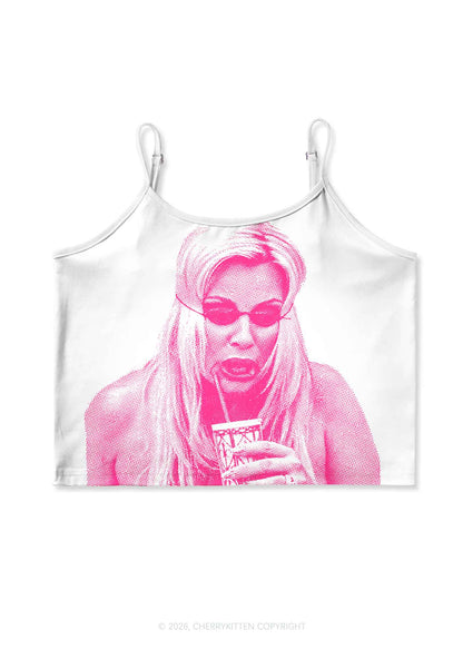 Pink Pixel JC On White Y2K Print Cami Crop Top Cherrykitten