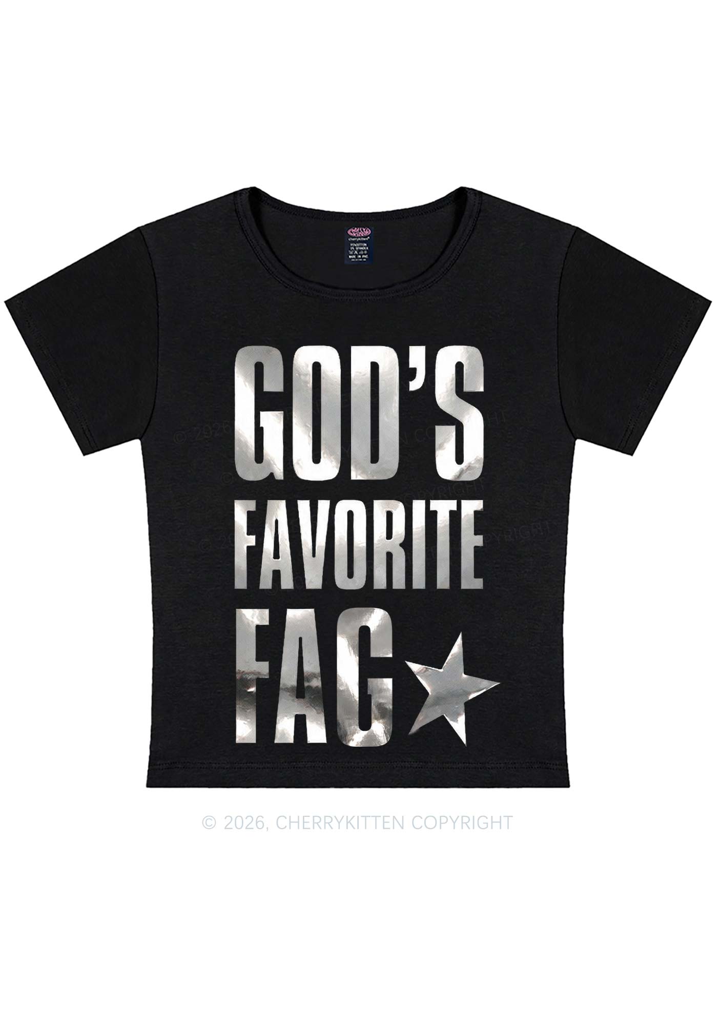 Gods Favorite Fag Pride Silver Foil Printed Y2K Baby Tee Cherrykitten