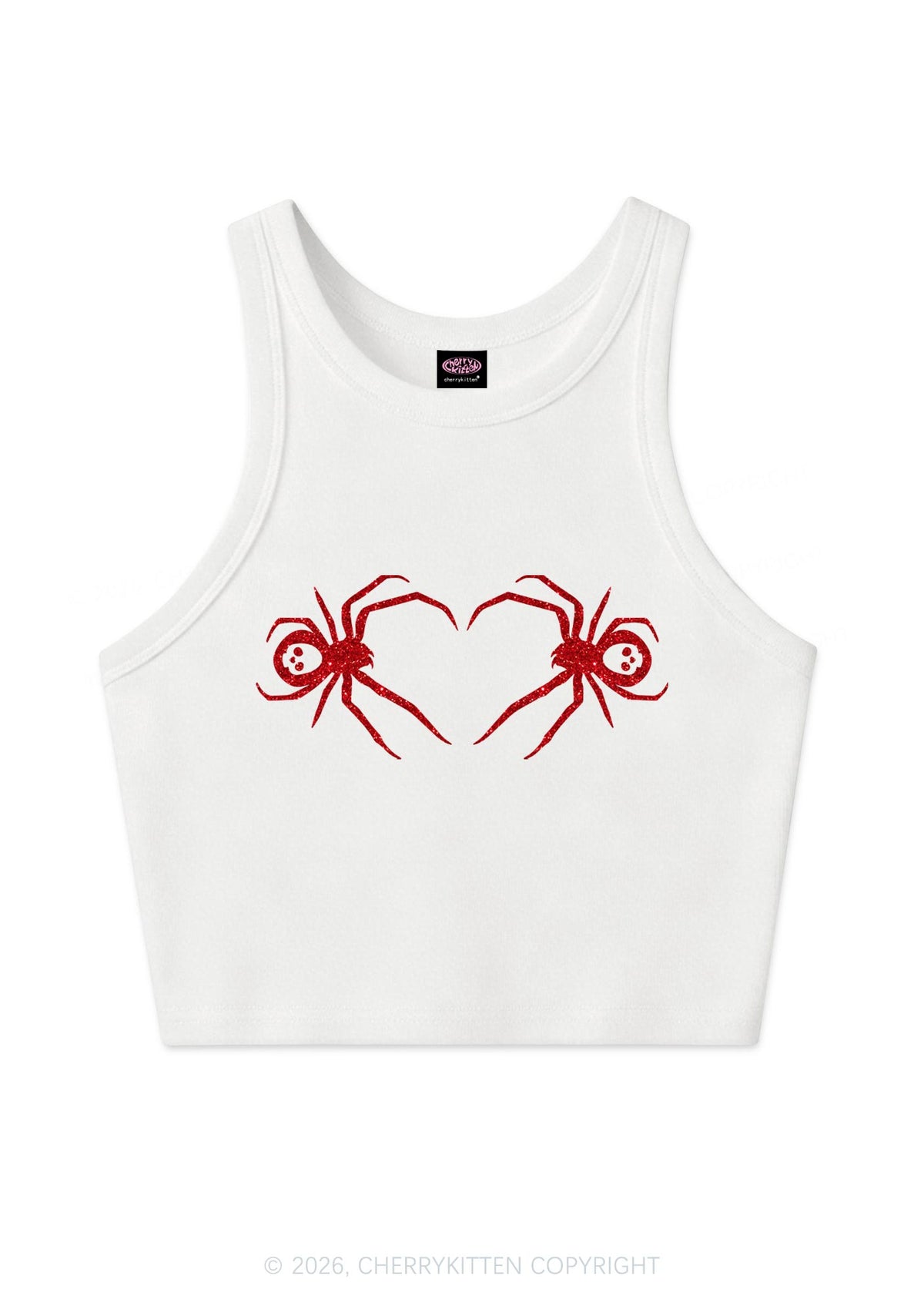 Glitter Skull Spider Y2K Crop Tank Top Cherrykitten